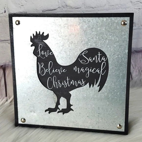 Country Christmas Galvanized Metal Chicken Rooster Xmas Farmhouse Decor 9"x9" - Picture 6 of 8